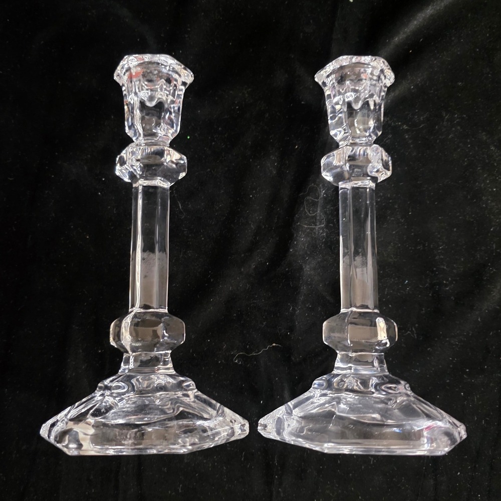 Studio Crystal by Studio Silversmiths Hexagonal Clear Crystal Candlesticks 7.5"